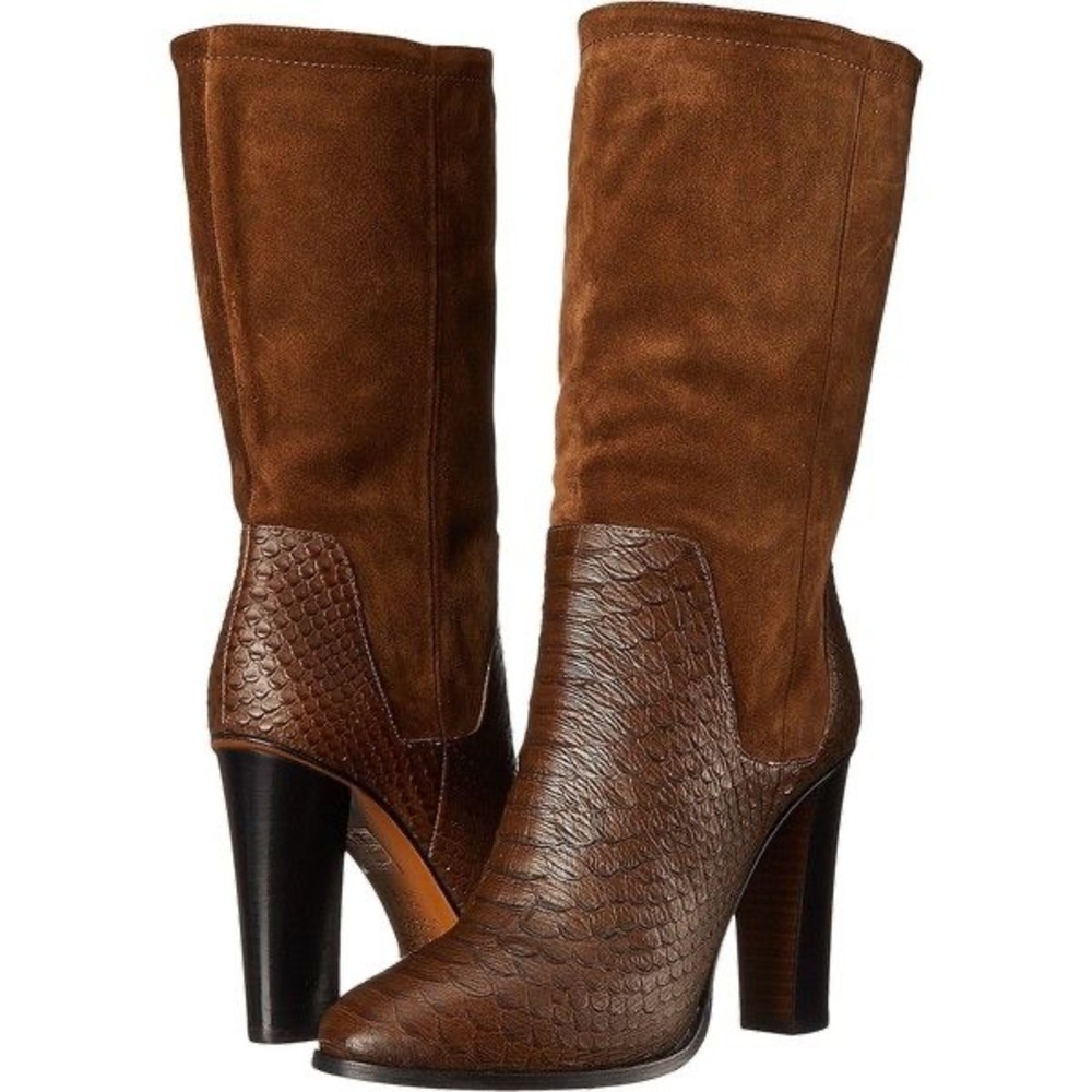 Vince Suede and Snakeskin-Embossed Leather ‘Dalton’ Heeled Boots, Size 8